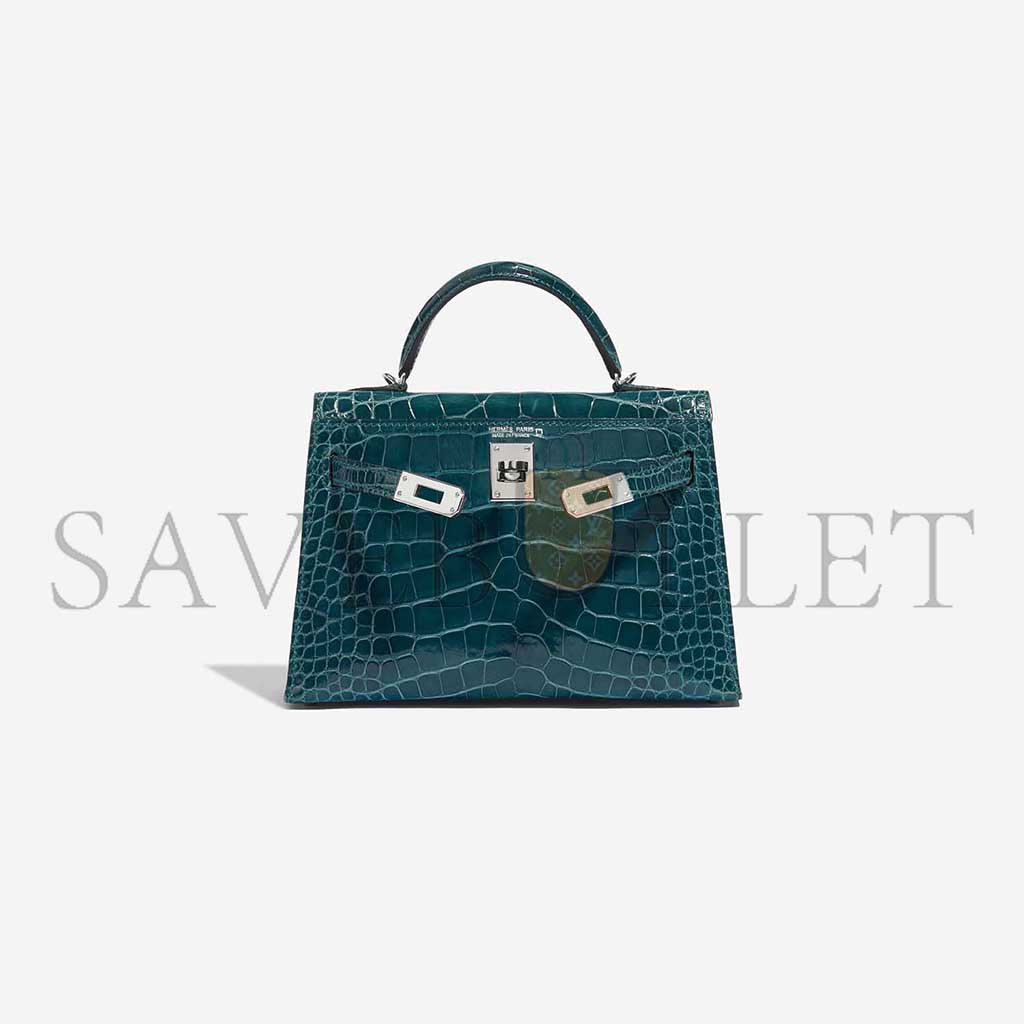 HERMÈS MASTER KELLY MINI II SILVER BUCKLE SHINY CROCODILE BOSPHORUS GREEN (19*12*5.5cm)